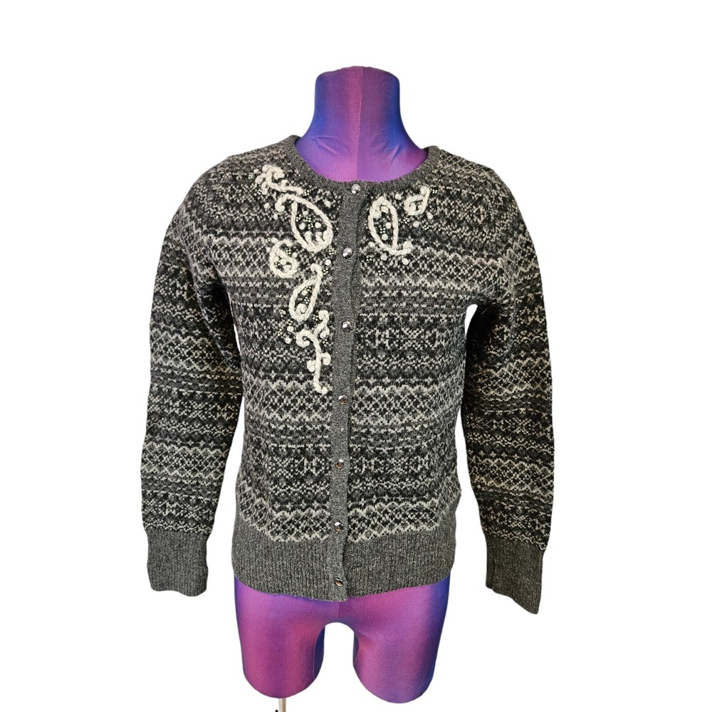 Eddie Bauer Fair Isle Wool Button Down Gray Cardigan Sweater Size Small K67